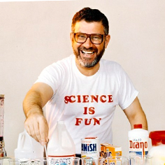 Photo of Bassam Shakhashiri wearing 'science is fun' t shirt