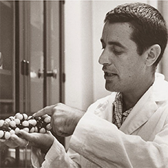 Photo of Hector De Luca pointing to a model of a molecule